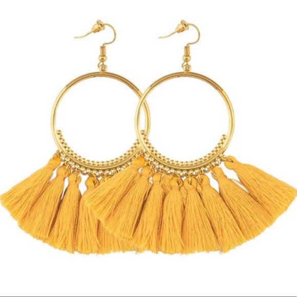 Francesca's Boho Mustard Yellow Tassel Hoop Earrings - Picture 1 of 4